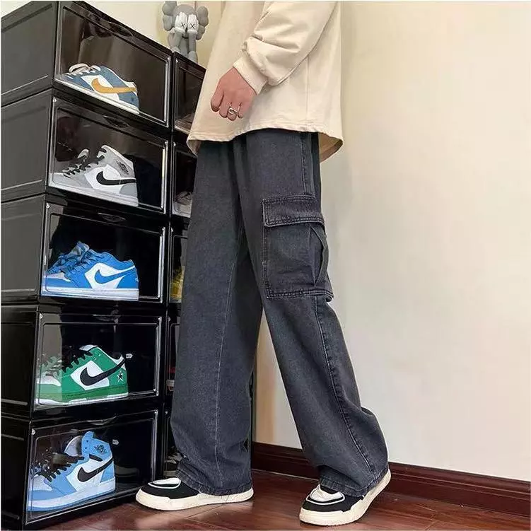 Celana jeans pria cargo panjang abu straight baggy dewasa cowok oversize casual denim pants korean style - Image 2