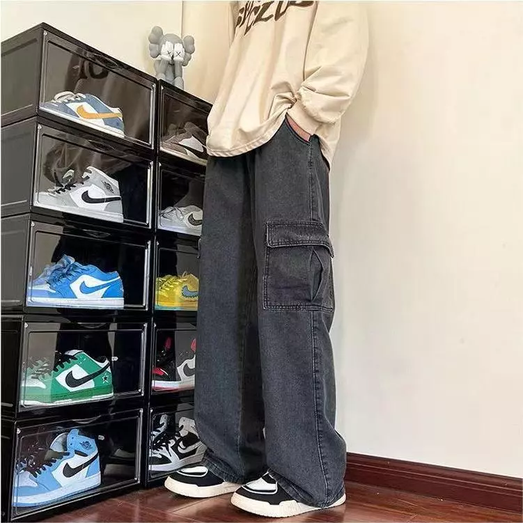 Celana jeans pria cargo panjang abu straight baggy dewasa cowok oversize casual denim pants korean style - Image 3