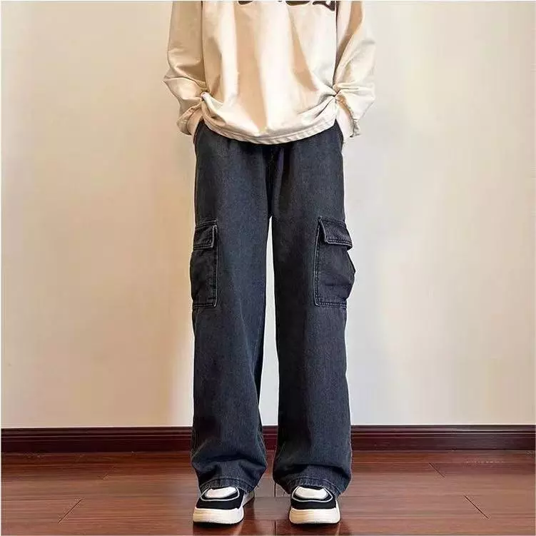 Celana jeans pria cargo panjang abu straight baggy dewasa cowok oversize casual denim pants korean style