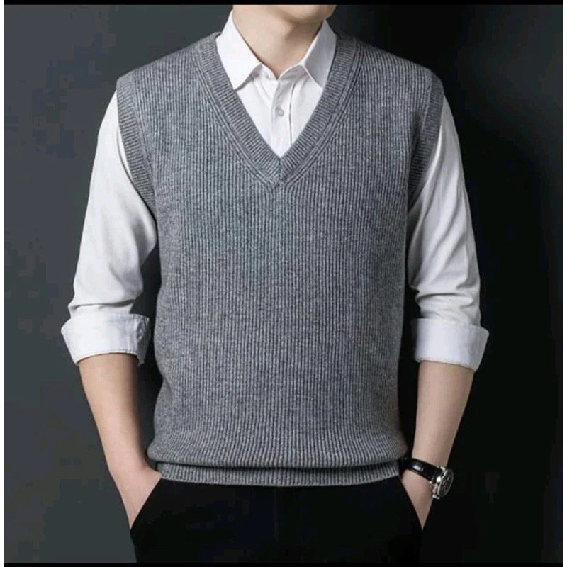 ROMPI RAJUT PRIA PREMIUM KNIT VEST VNECK LIST / VEST KNITTING POLOS LIST KOREA STYLE BEST - Image 3