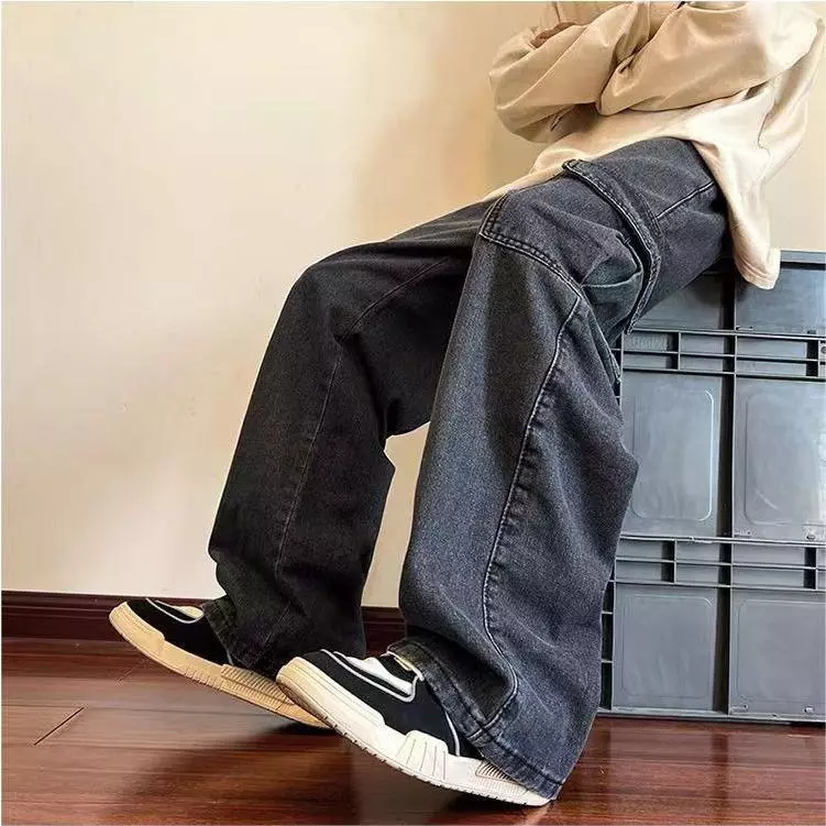 Celana jeans pria cargo panjang abu straight baggy dewasa cowok oversize casual denim pants korean style - Image 4