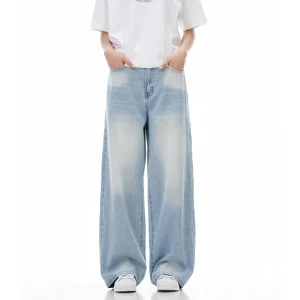 Celana jeans pria biru muda panjang baggy pants Korean style premium denim unisex gombrong casual straight jens