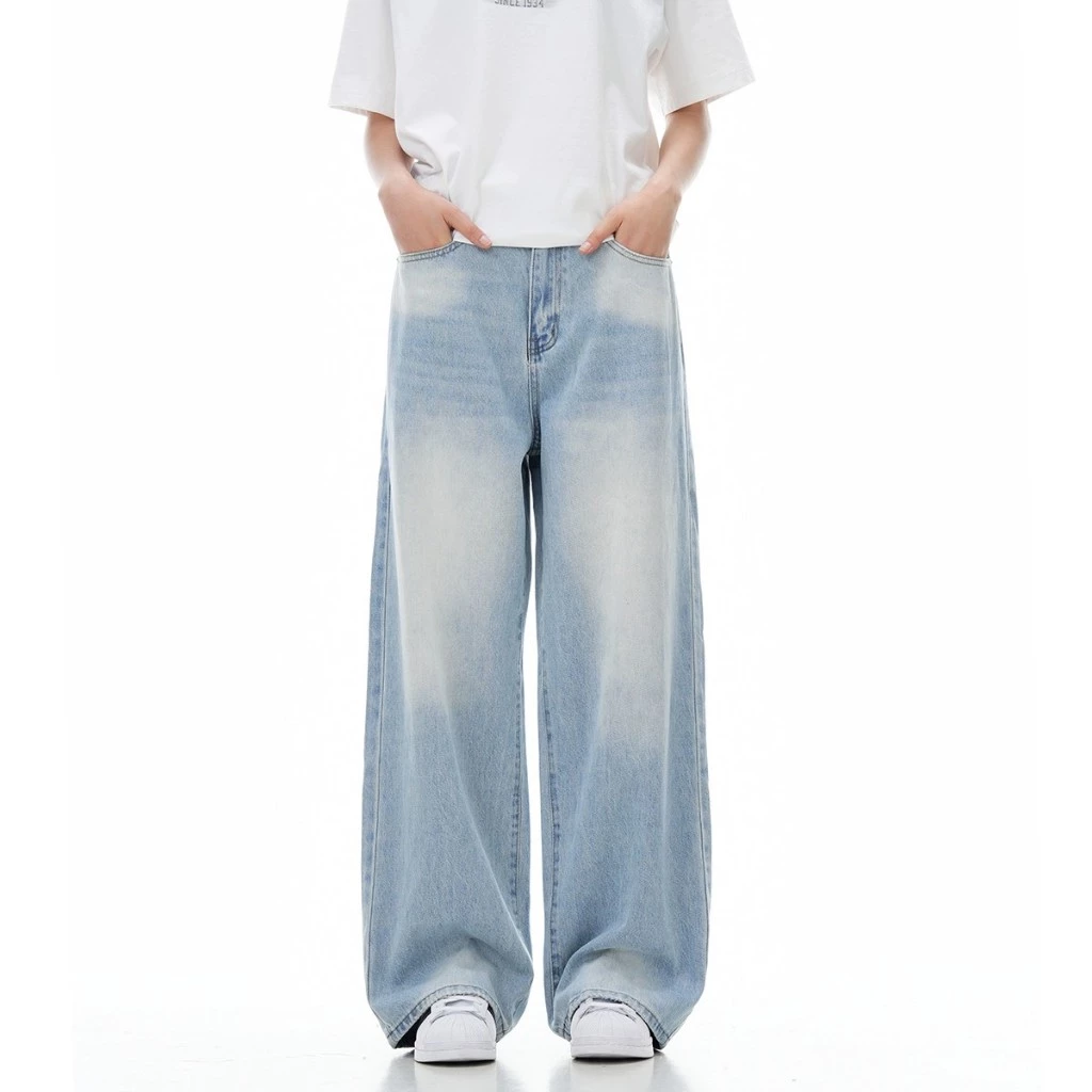 Celana jeans pria biru muda panjang baggy pants Korean style premium denim unisex gombrong casual straight jens