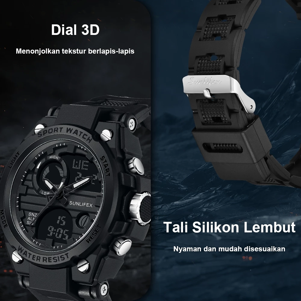 Sunlifex Jam Tangan Pria Digital&Analog Olahraga Tali Silikon Luminous Multifungsi Jam Tangan Cowok - Image 3