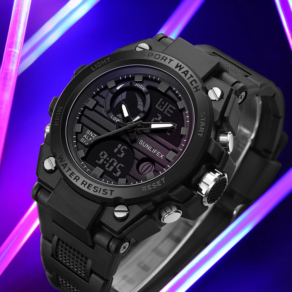 Sunlifex Jam Tangan Pria Digital&Analog Olahraga Tali Silikon Luminous Multifungsi Jam Tangan Cowok