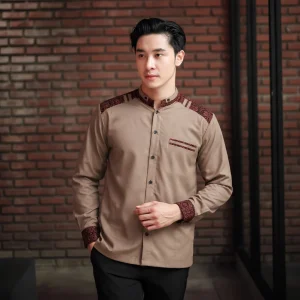 Baju Koko Pria Kombinasi Batik Lengan Panjang Warna Cokelat