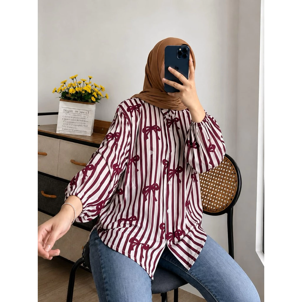 KEMEJA RAYON MOTIF KEKINIAN /KEMEJA RAYON WANITA LENGAN BALON /KEMEJA RAYON WANITA LENGAN PANJANG - Image 2