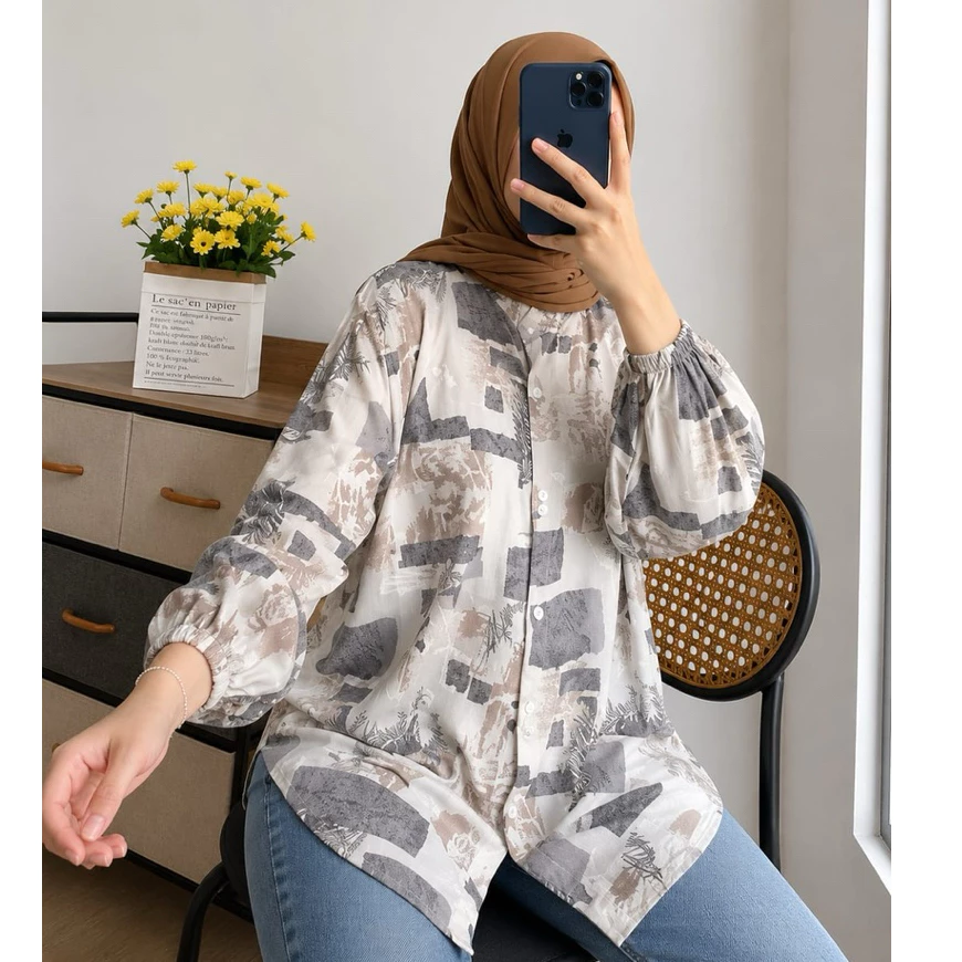KEMEJA RAYON MOTIF KEKINIAN /KEMEJA RAYON WANITA LENGAN BALON /KEMEJA RAYON WANITA LENGAN PANJANG