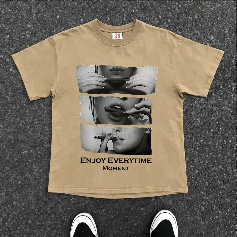 American retro Style T-shirt Oversize Kolase potret hitam putih Print top| Kaos Wanita Merah | Kaos wanita - Image 3