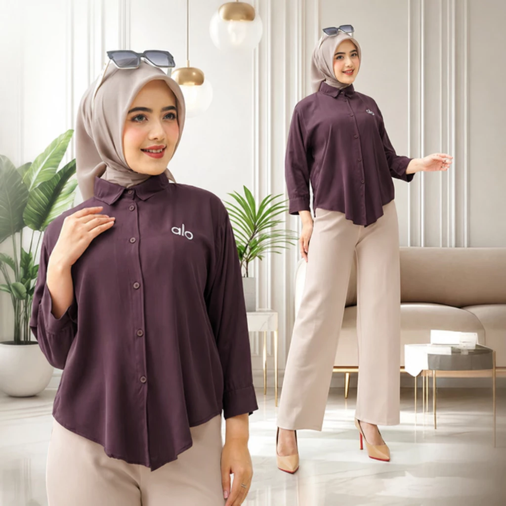 Kemeja Wanita Rayon Twill Bordir Logo Lengan Panjang Adem Nyaman Atasan Wanita Casual Elegan Kekinian