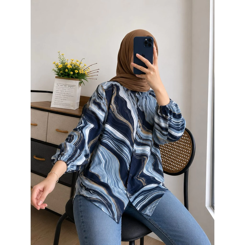 KEMEJA RAYON MOTIF KEKINIAN /KEMEJA RAYON WANITA LENGAN BALON /KEMEJA RAYON WANITA LENGAN PANJANG - Image 3
