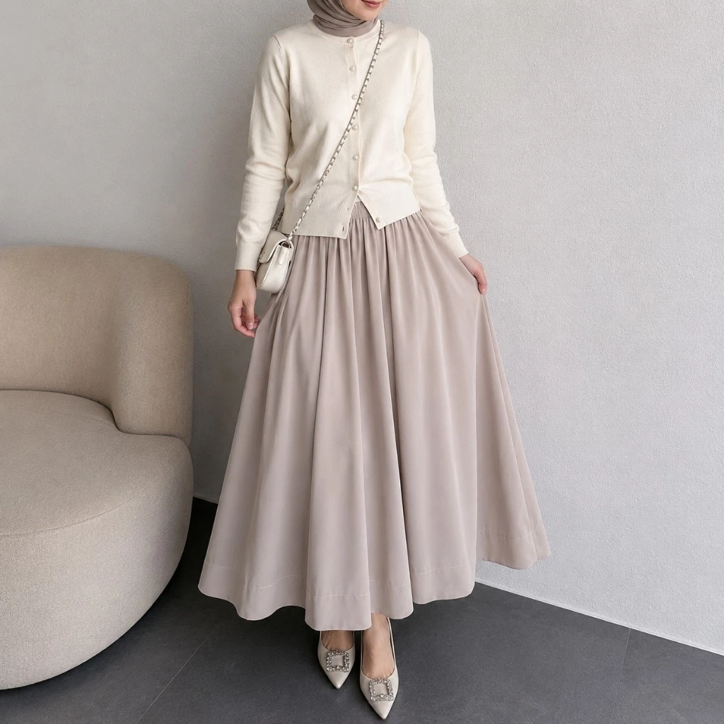 Rok Polos Jatuh A Line Wanita Basic Skirt Korean Style Pinggang Full Karet Anti Menerawang