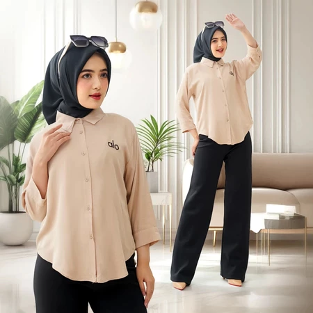 Kemeja Wanita Rayon Twill Bordir Logo Lengan Panjang Adem Nyaman Atasan Wanita Casual Elegan Kekinian - Image 3