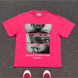 American retro Style T-shirt Oversize Kolase potret hitam putih Print top| Kaos Wanita Merah | Kaos wanita