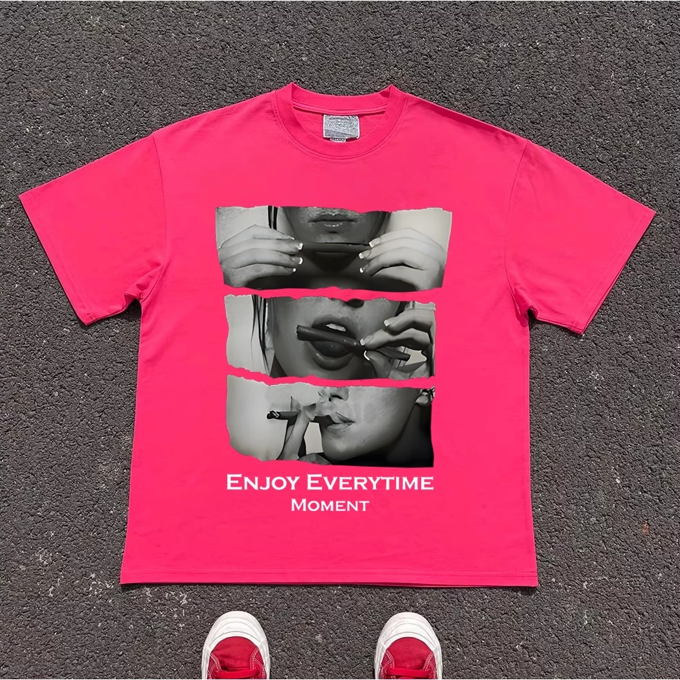 American retro Style T-shirt Oversize Kolase potret hitam putih Print top| Kaos Wanita Merah | Kaos wanita