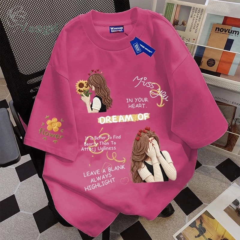 Yesgirl Pola Gadis Pembawa Bunga Bersulam Harajuku | Fashion korean style baju kaos oversize|Baju atasan wanita terbaru 100%cotton - Image 2