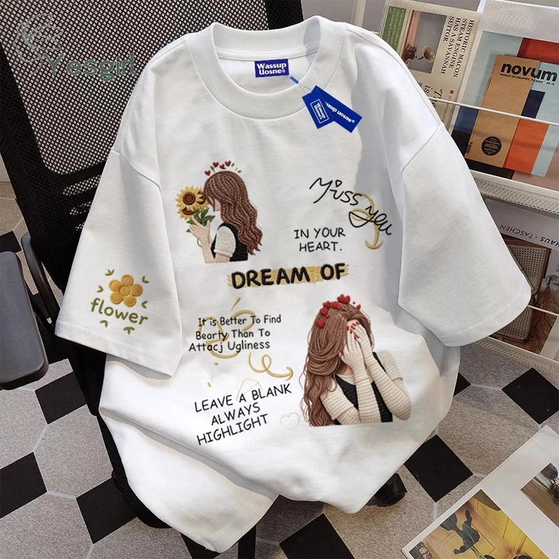 Yesgirl Pola Gadis Pembawa Bunga Bersulam Harajuku | Fashion korean style baju kaos oversize|Baju atasan wanita terbaru 100%cotton