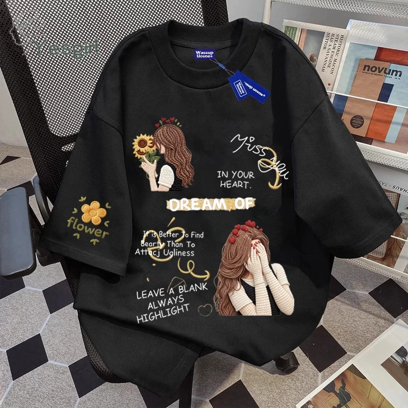 Yesgirl Pola Gadis Pembawa Bunga Bersulam Harajuku | Fashion korean style baju kaos oversize|Baju atasan wanita terbaru 100%cotton - Image 3