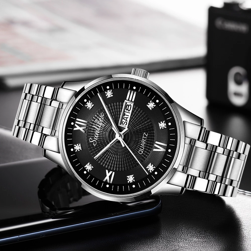 Sunlifex Jam Tangan Pria Original Kuarsa Tali Stainless Steel Calendar Mewah Mode Pria Jam Tangan Cowok Anti Air - Image 3