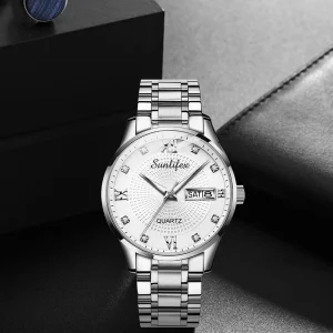 Sunlifex Jam Tangan Pria Original Kuarsa Tali Stainless Steel Calendar Mewah Mode Pria Jam Tangan Cowok Anti Air