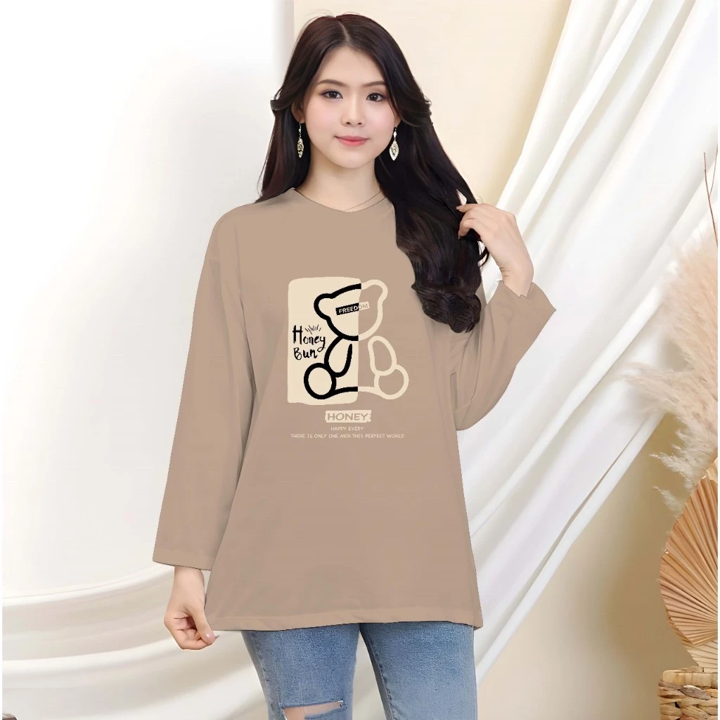 Kaos Oversize Wanita Lengan Panjang/ Kaos Distro Wanita/Kaos Streetwear Oversize Honey Bun - Image 3